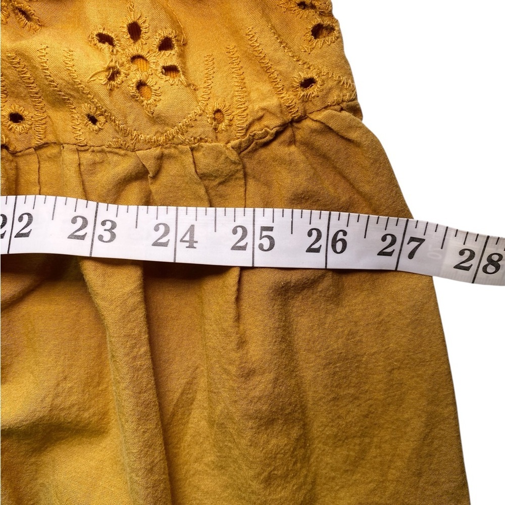 J Gee Mustard Yellow Boho Eyelet Tiered Midi Dress - Smocked Waist, V-Neck - Picture 14 of 16